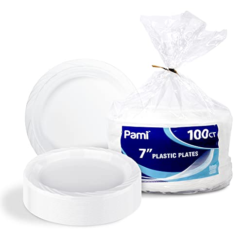 PAMI Premium Disposable Plastic Plates 7'' [Pack of 100]- White Party Plates For Dinner Desserts