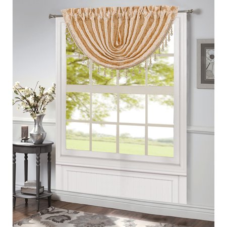 Robin Jacquard Rod Pocket Waterfall Window Valance with Beads, Beige, 48x37 Inches