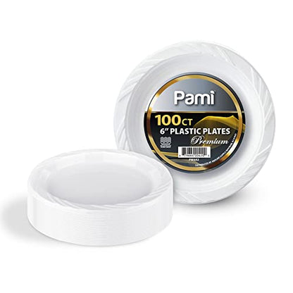 PAMI Premium Disposable Plastic Plates | Pack of 100 | White | Heavy-Duty | 6 Inches