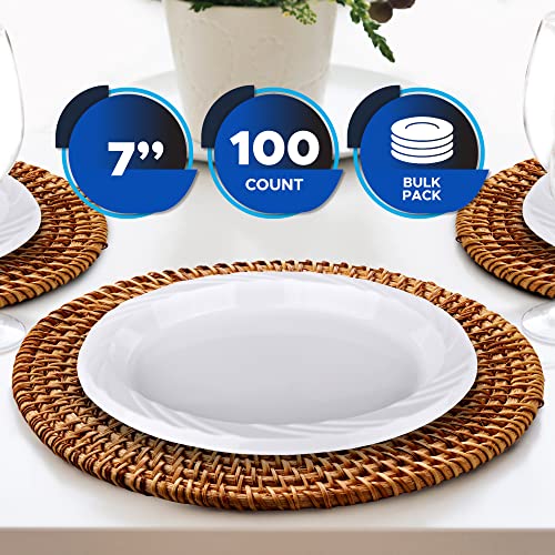 PAMI Premium Disposable Plastic Plates 7'' [Pack of 100]- White Party Plates For Dinner Desserts