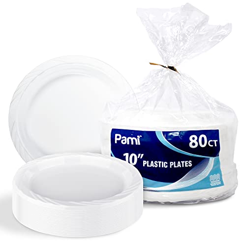 PAMI Premium Disposable Plastic Plates [Pack of 80] - 10” White Party Plates