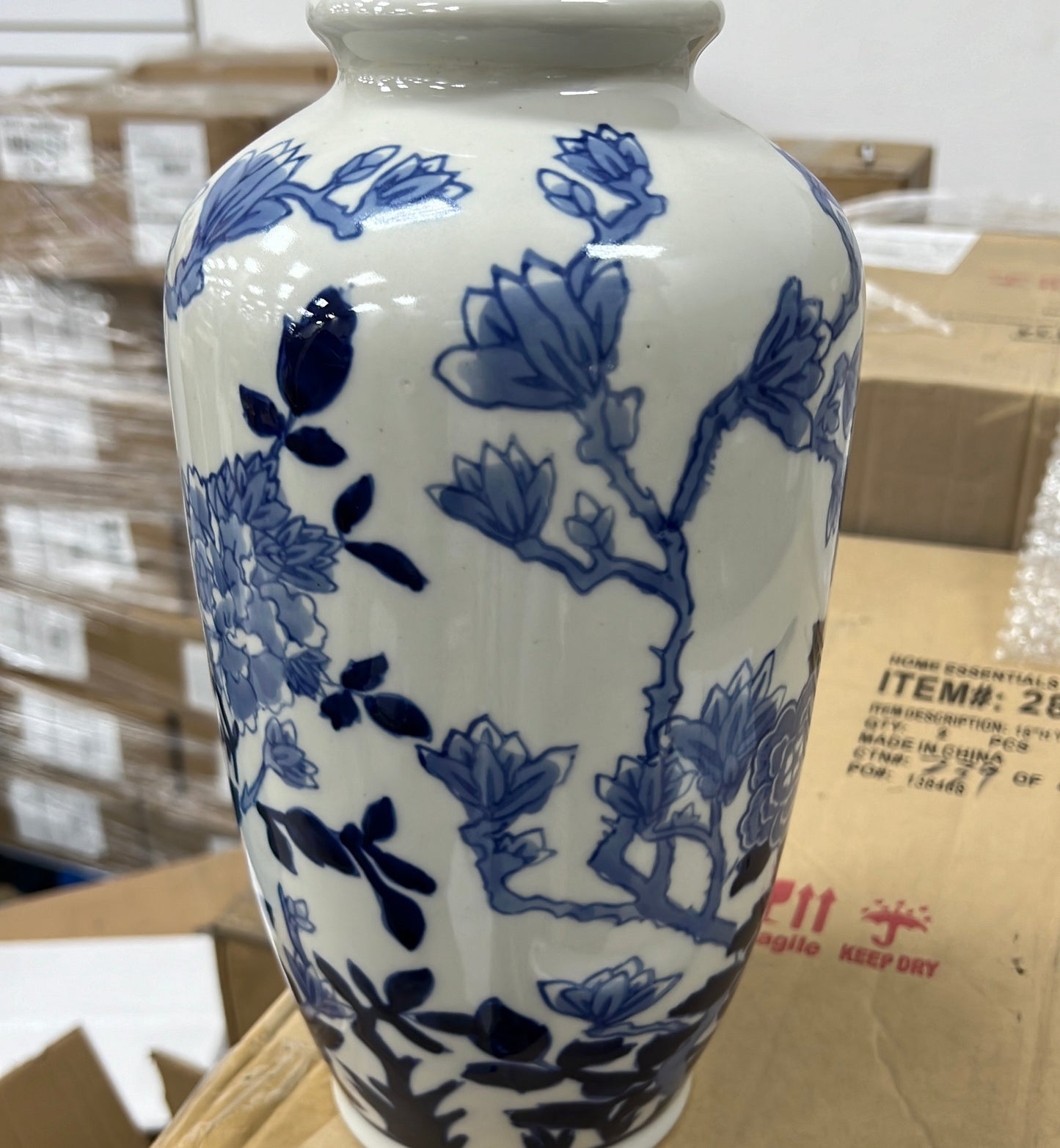 12"H FLORAL BLUE AND WHITE VASE