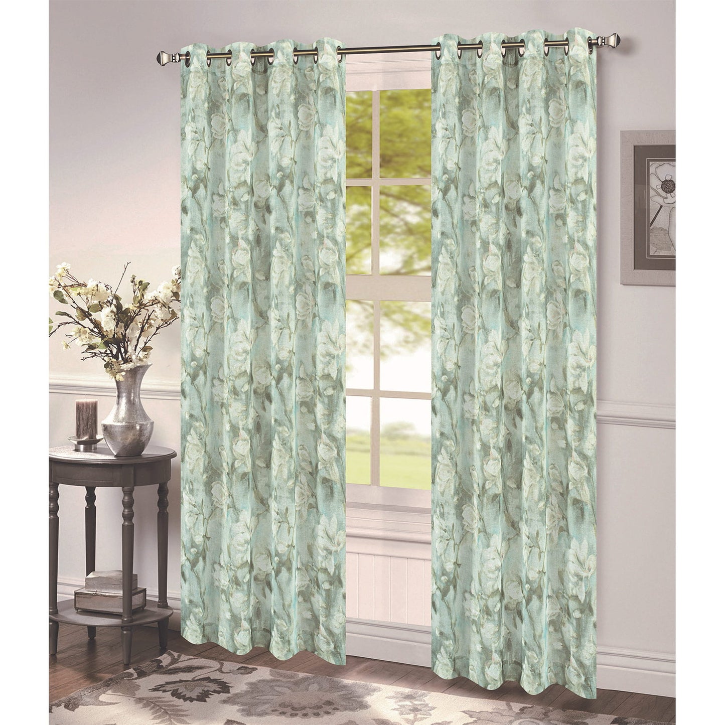 Maisie Floral Printed Sheer Grommet Window Panel Green 54x84 Inches