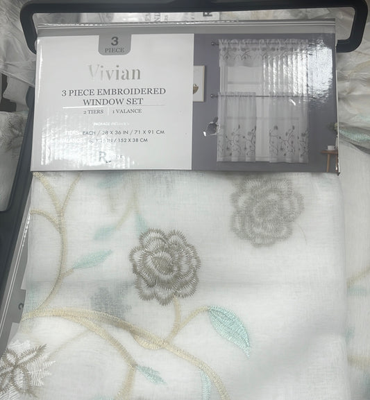 Vivian 3 PIECE EMBROIDERED WINDOW SET 2 TIERS 1 VALANCE PACKAGE INCLUDES: TIERS: EACH / 28 X 36 IN / 71 X 91 CM VALANCE: 60 X 15 IN / 152 X 38 CM