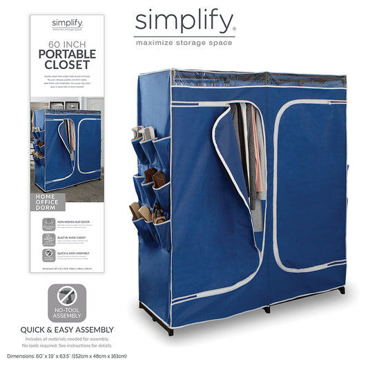 Simplify 60" Portable Closet with Side Shoe Compartments, Blue