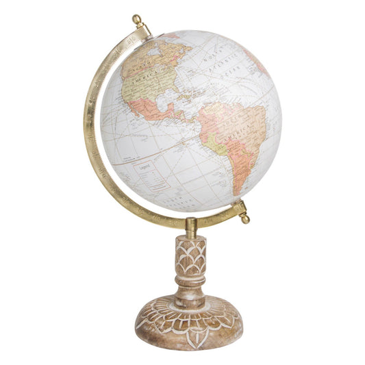 8" Gld/Wht World Globe On Wood Base