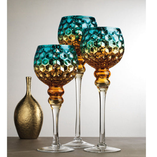 3PC CANDLE HOLDER BLUE/GOLD EMBROSSED MERCURY HURRICANE