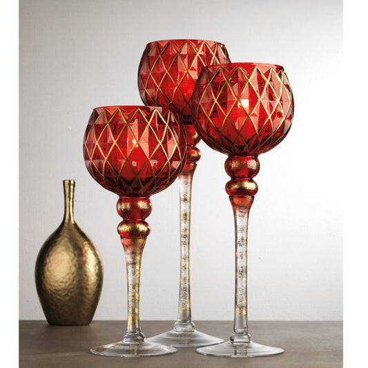 3pc CANDLE HOLDER DIAMOND RED/GOLD HURRICNE