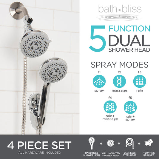 Bath Bliss 5 Function Luxury Dual Shower Head in Grey - 3.93" Rd X 9.5"