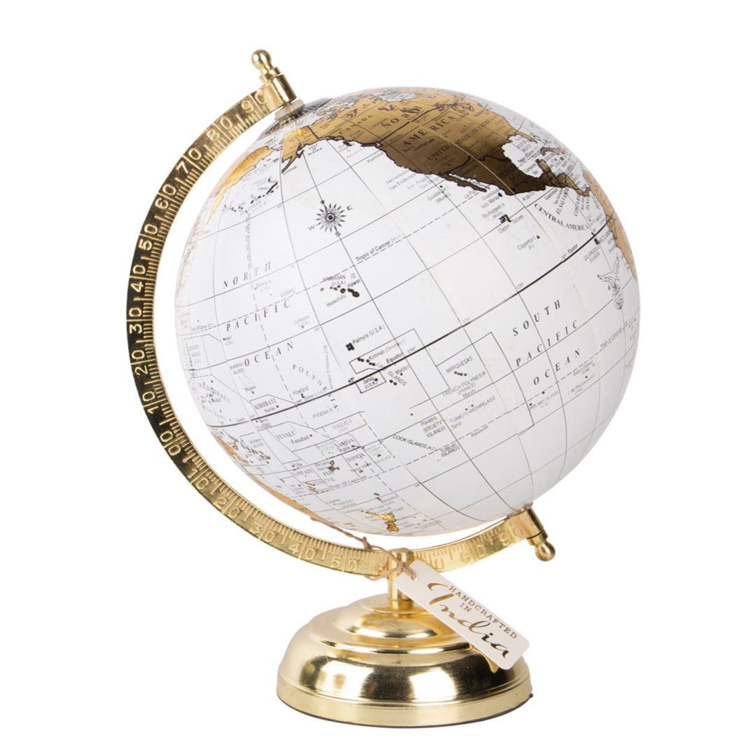 12"H World Globe White/Gold