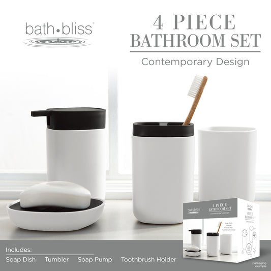 Bath Bliss 2 Tone Contemporary 4 Piece Bathroom Ensemble in Black & White - 10"x7.8"x13"
