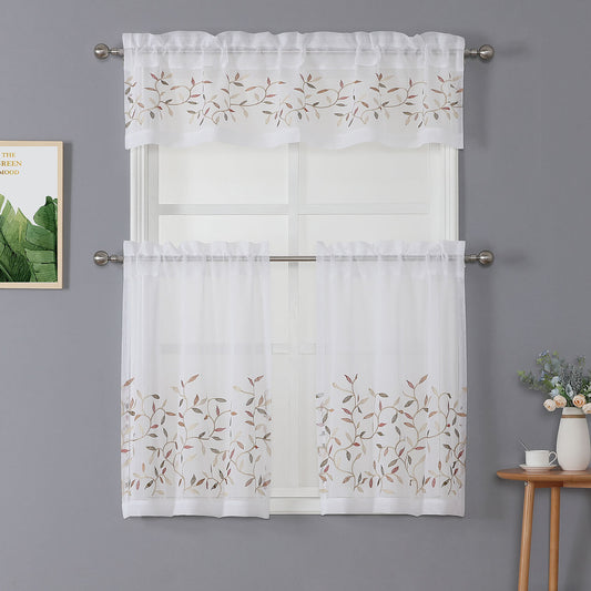 Lucas 3 Piece Leaf Embroidered Kitchen Curtain Set, 56x36 Inches